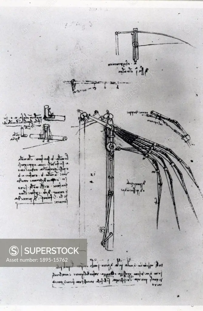 Diagrams and notes for an ornithopter or flying machine from one of Leonardos notebooks. Da Vinci (1452-1519) was the most outstanding Italian painte...