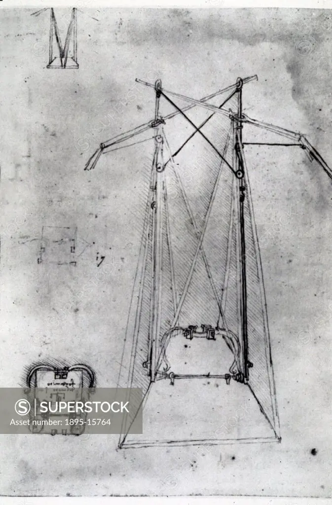 Design for a spring-operated flying machine or ornithopter from one of Leonardos notebooks. Da Vinci (1452-1519) was the most outstanding Italian pai...