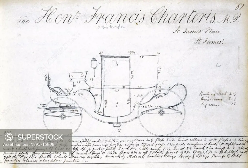 Plate from ´Woodall´s Coach Designs´, produced between 1810 and 1873, showing a design for a four-wheeled carriage produced for Francis Charter. ´Wood...