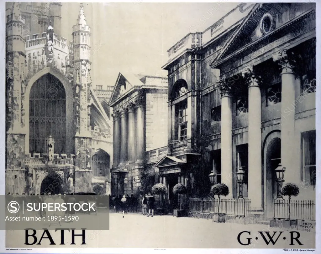 Poster produced for the Great Western Railway, advertising Bath as a tourist destination. Artwork by Fred Taylor.