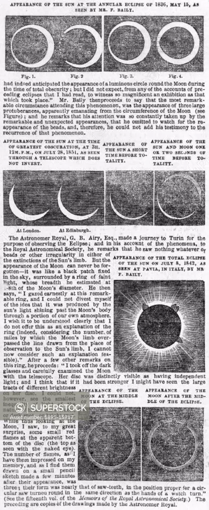 An early account of the phenomenon known as ´Bailys Beads´ with illustrations showing stages of the annular eclipse observed on May 15th, 1836. Plate ...