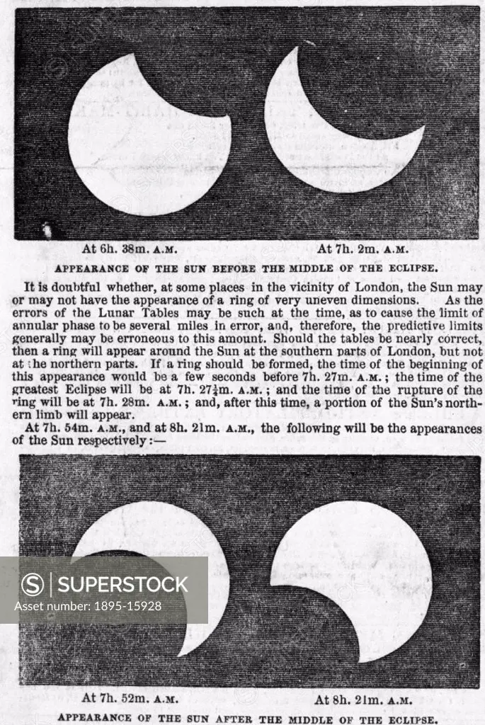 Plate taken from ´Illustrated London News´, depicting an annular solar eclipse which occurred in 1847. Over Britain, the predicted appearance of the s...