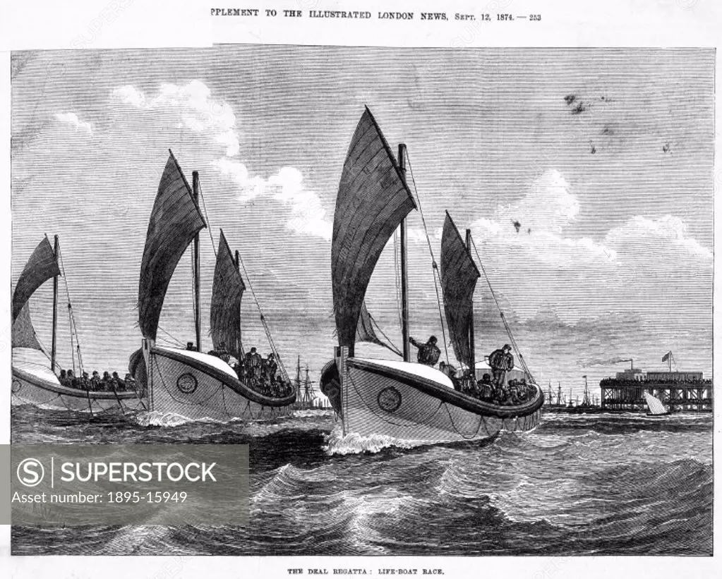 Engraving from a supplement to the ´Illustrated London News´ (September 1874), after an original by J R Wells, showing a race between lifeboats off th...