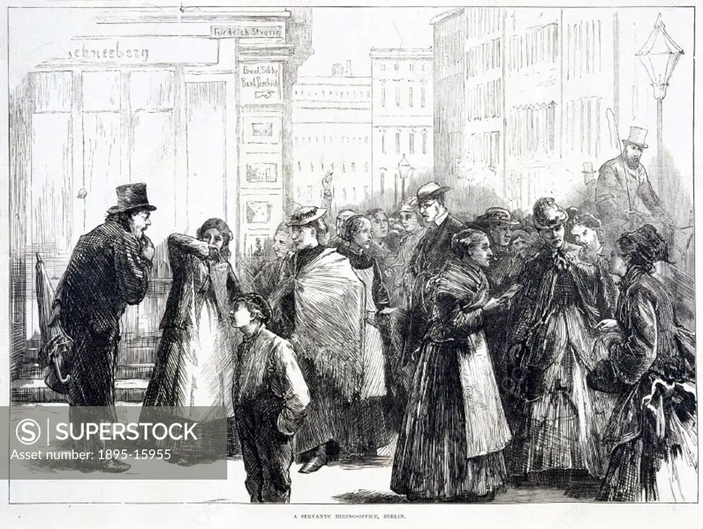 Illustration taken from the Illustrated London News’, showing women at the door of a hiring office, talking and showing their references to prospecti...