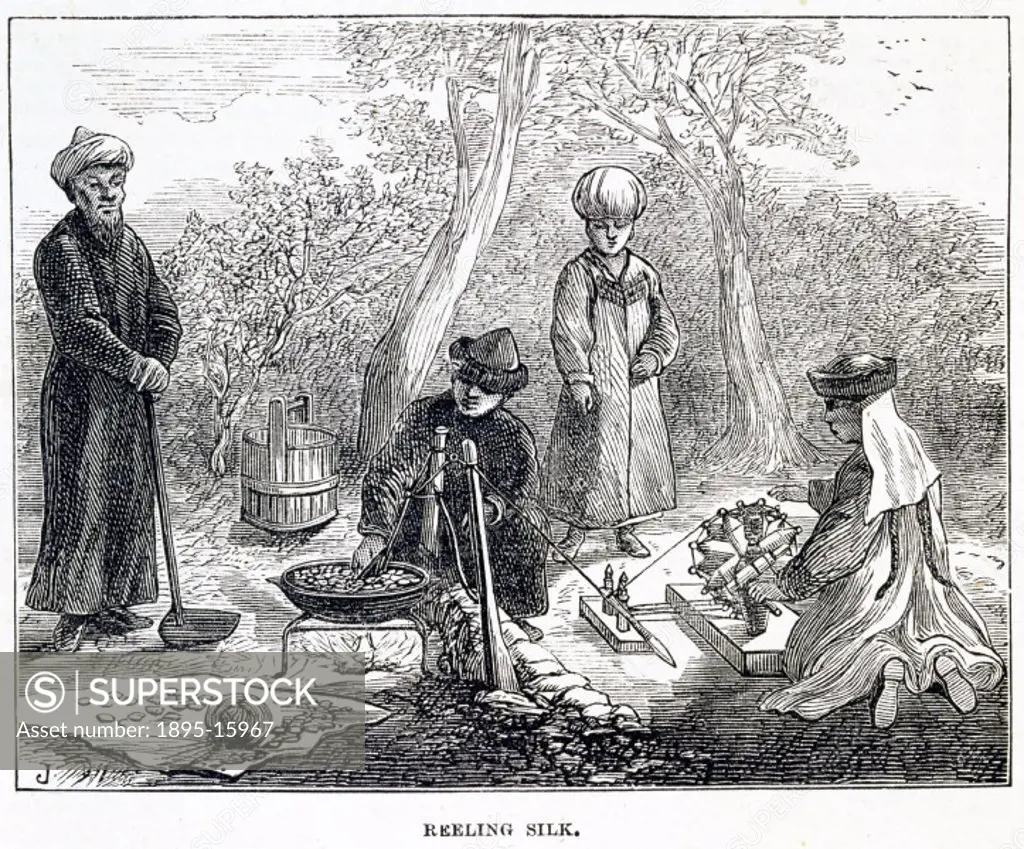 Plate taken from The Illustrated London News’, 21 November 1874, showing silk reeling in Turkestan, Asia. Silk thread is produced from the cocoons of...