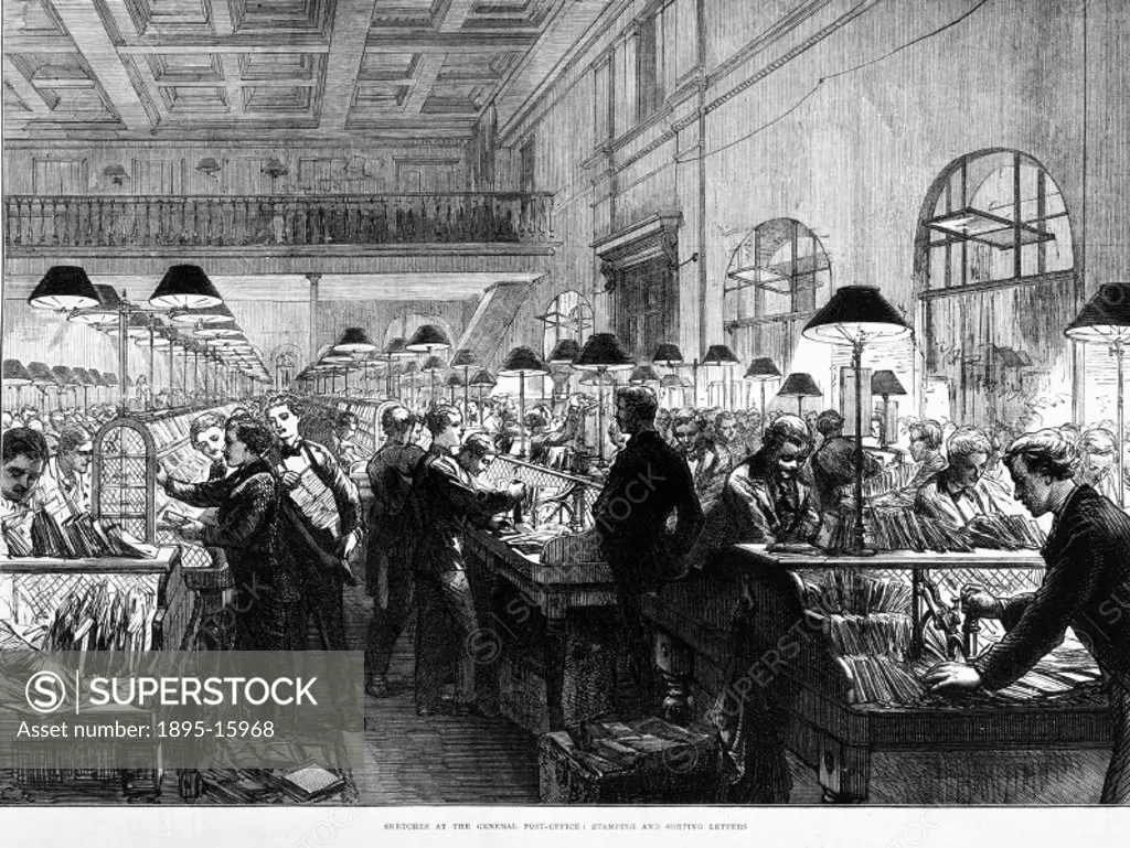 Engraving from the Illustrated London News, showing a scene inside the main Post Office.