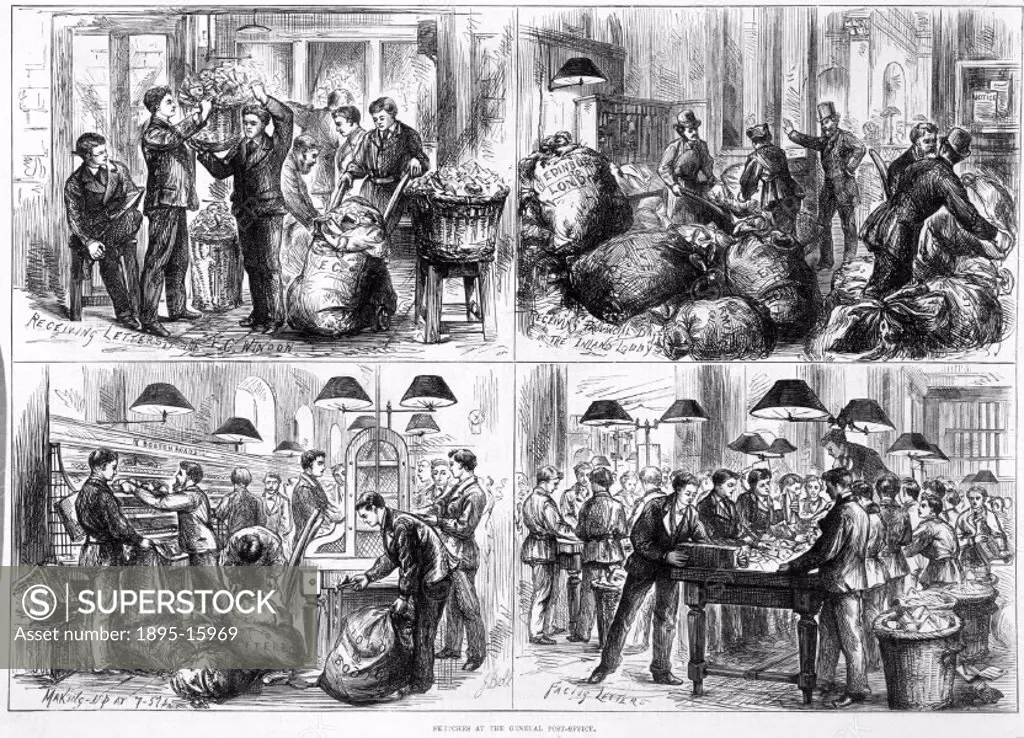 ´Engraving from the ´Illustrated London News´, after sketches by J Bell, showing various activities at the General Post Offices busy new postal sorti...