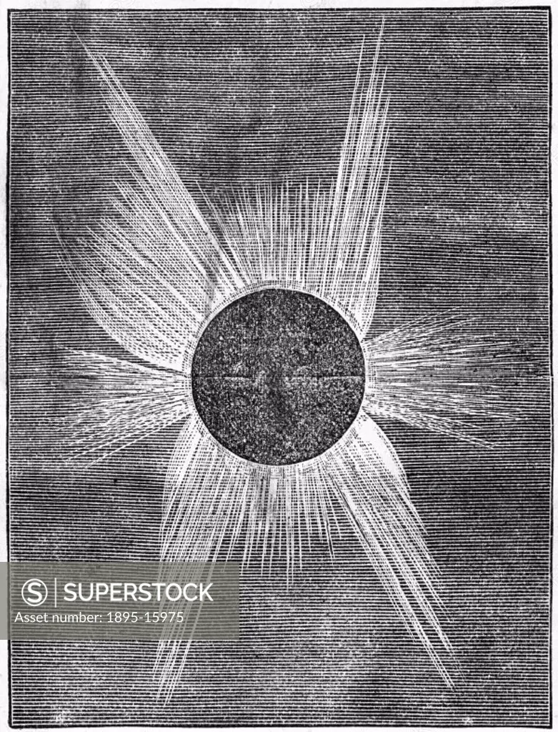 The suns corona seen during a total solar eclipse. Engraving taken from the ´Illustrated London News´.