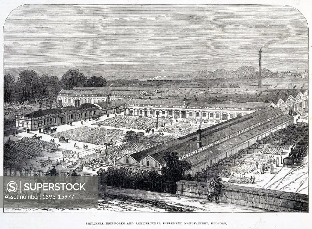 Plate taken from the Illustrated London News’, showing the Britannia Ironworks, Bedford, in the distance and a large factory manufacturing agricultur...