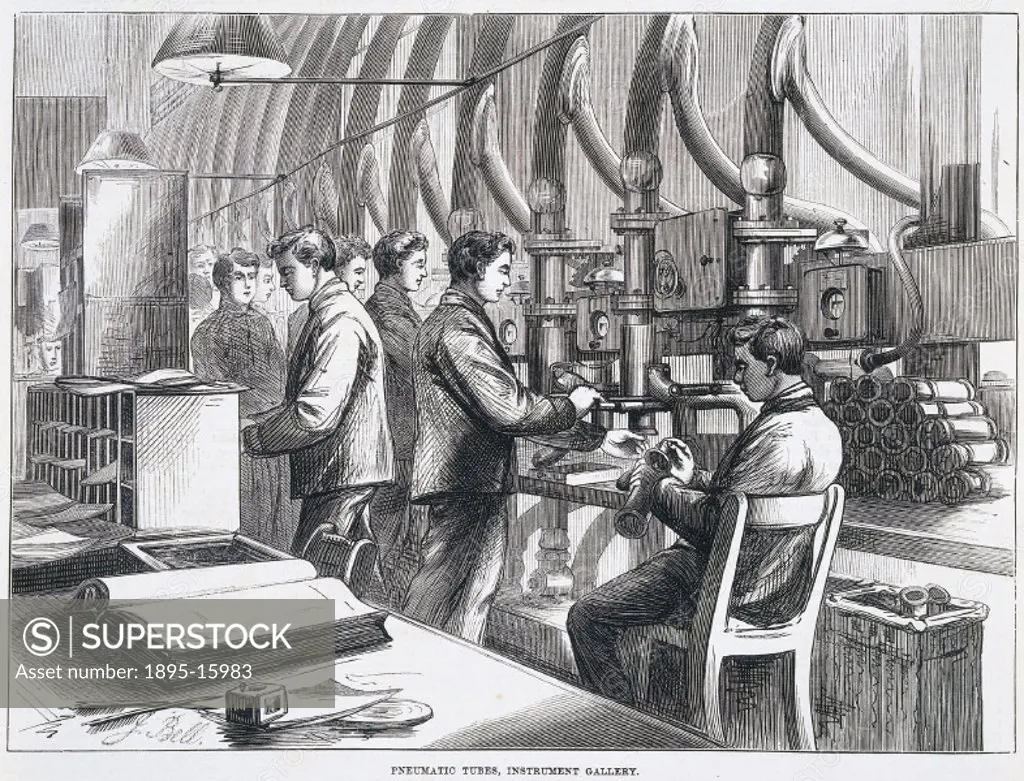 Plate taken from the Illustrated London News, showing men at work in the Instrument Gallery at the Central Telegraph Establishment of the General Post...
