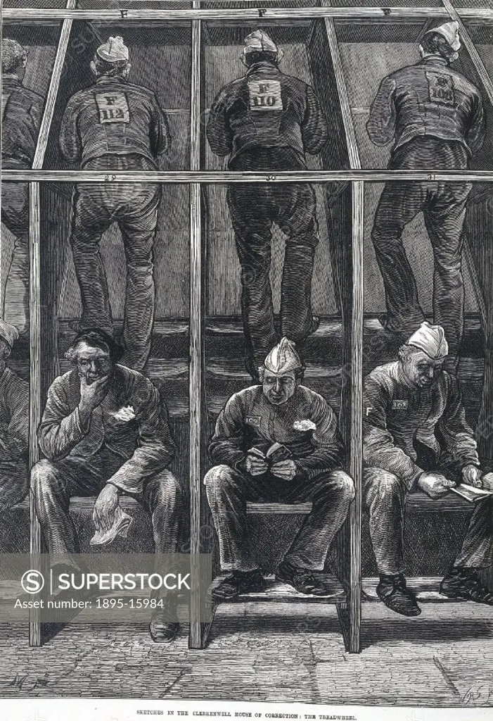 Plate taken from the Illustrated London News, 4th July 1874, showing prisoners on the treadwheel in Clerkenwell Prison, London. The treadwheel was a c...