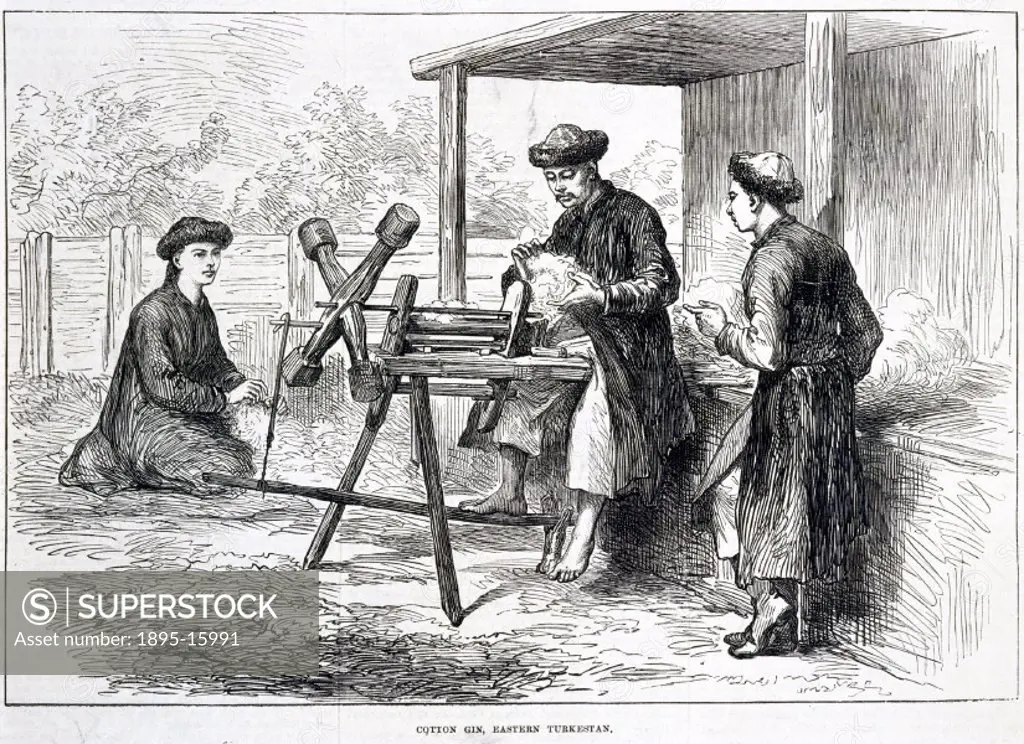 Plate taken from The Illustrated London News’, 14 November 1874, showing cotton ginning in Turkestan, Asia. The cotton gin is a device for removing t...
