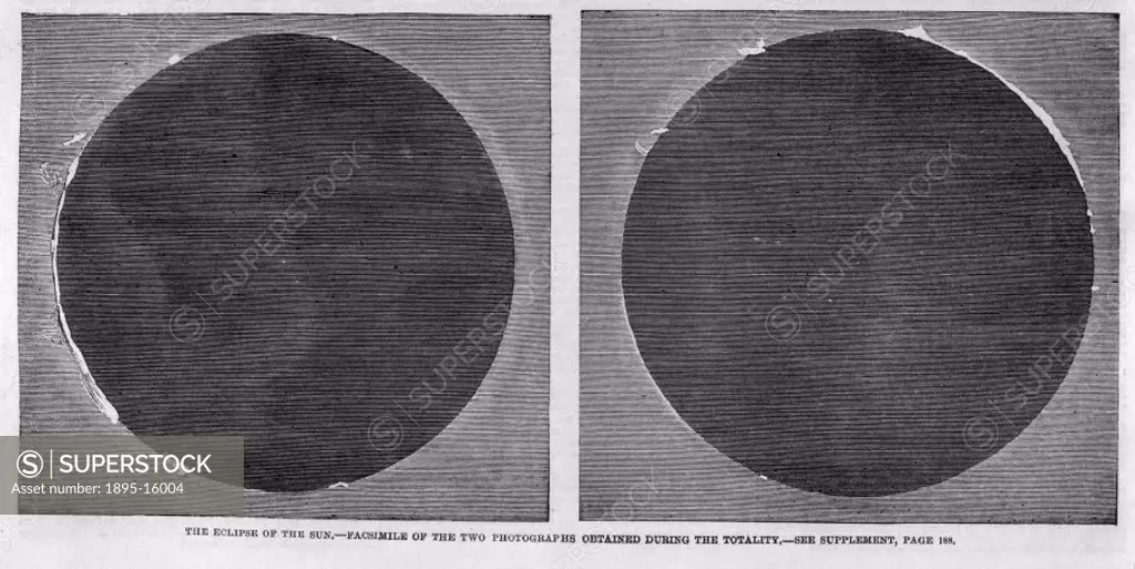 ´Facsimile of the two photographs obtained during the totality.´, taken from the ´Illustrated London News´. The images show solar prominences observed...