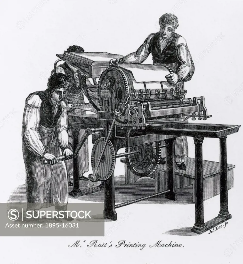 Engraving of William Rutt´s printing machine from Hansard´s ´Typographia´, a work on the history of printing. The man on the left is hand-cranking the...