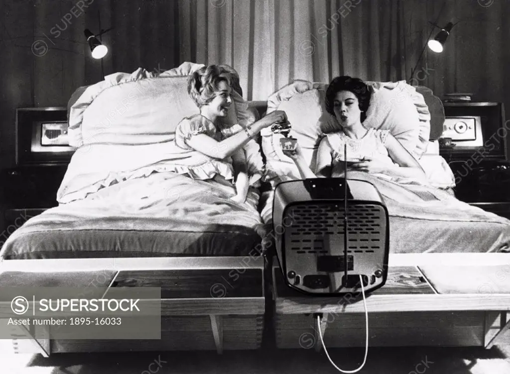 The multi-purpose bed which costs 2,500 pounds, 15 January 1959.´It has two built-in radios, a tea-maker, an electric shaver, a massage machine, books...