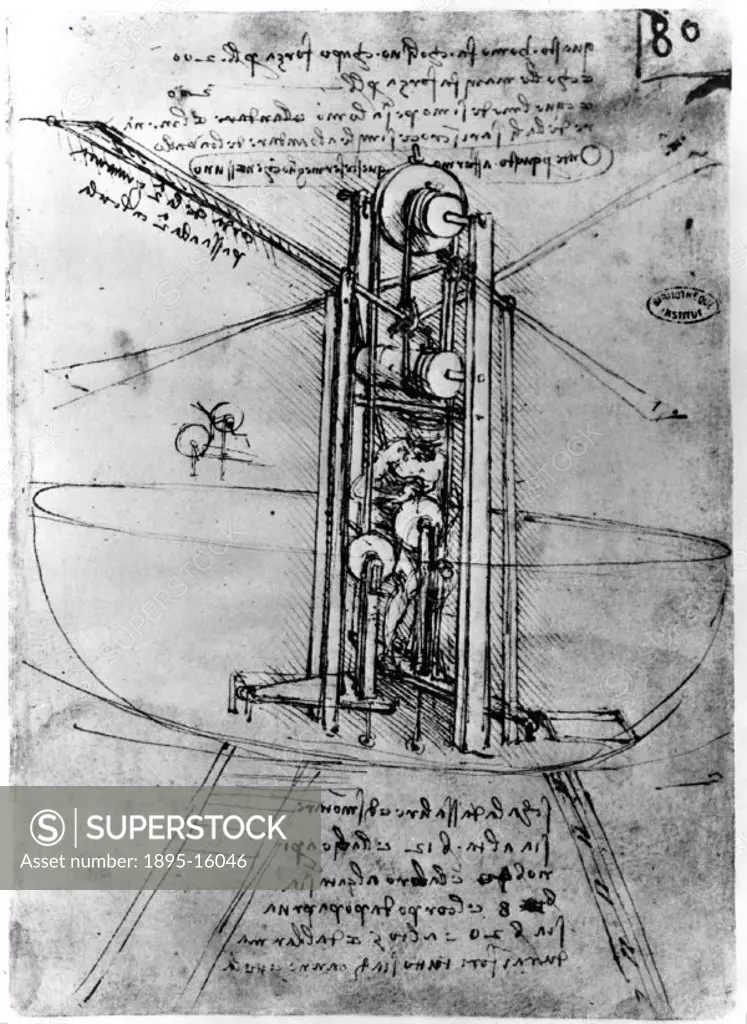 The drawing depicts a fixed wing aircraft with an ornithopter extension. Leonardo da Vinci (1452-1519) was the most outstanding Italian painter, sculp...