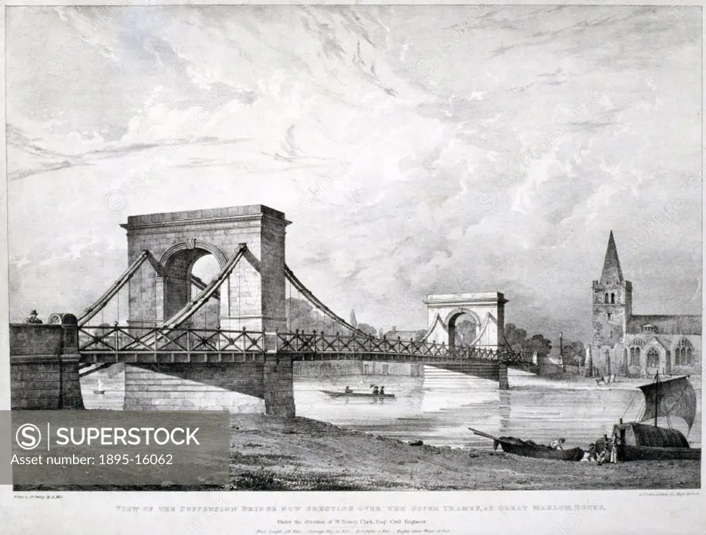 Lithographic print by A Mee. Building of this bridge over the River Thames began in 1829 from designs by William Tierney Clark (1783-1852). Completed ...