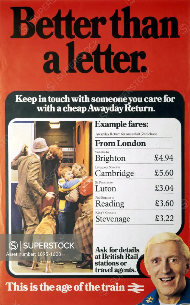BR(CAS) poster. ´Better than a Letter - Keep in Touch with Someone you Care For with a Cheap Awayday Return´, promoted by Jimmy Saville, 1981.
