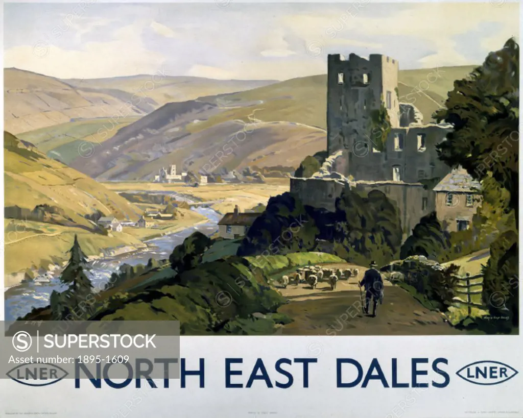 Poster produced by London & North Eastern Railway (LNER) to promote train services to the Yorkshire Dales. Artwork by E Byatt.