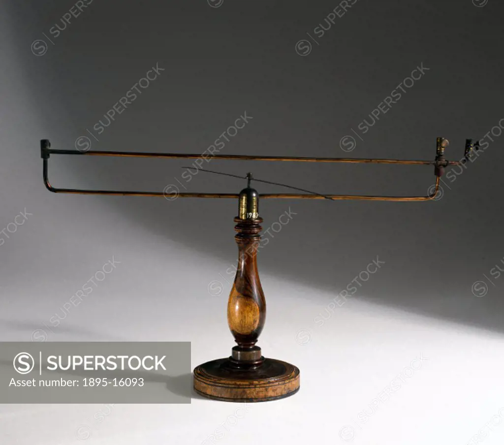 This apparatus demonstrates a discovery made in 1820 by the Danish physicist Hans Christian Oersted (1777-1851). When an electrical current flowed abo...