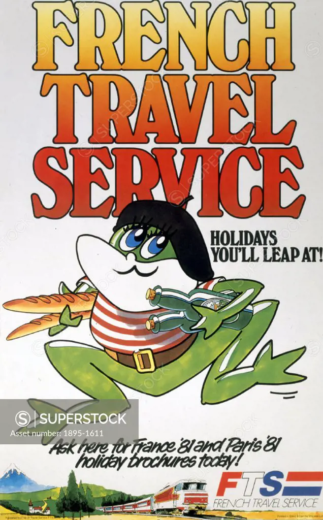 Poster produced for the French Travel Service to promote France as a holiday destination, and showing leaping frog with beret, baguettes in one hand, ...