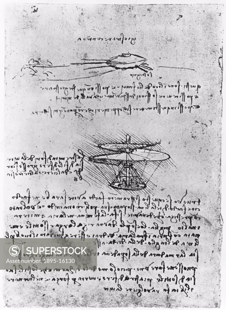 Drawing from the notebooks kept by Leonardo da Vinci (1452-1519) illustrating his many speculative and far-sighted designs. Da Vinci is considered the...