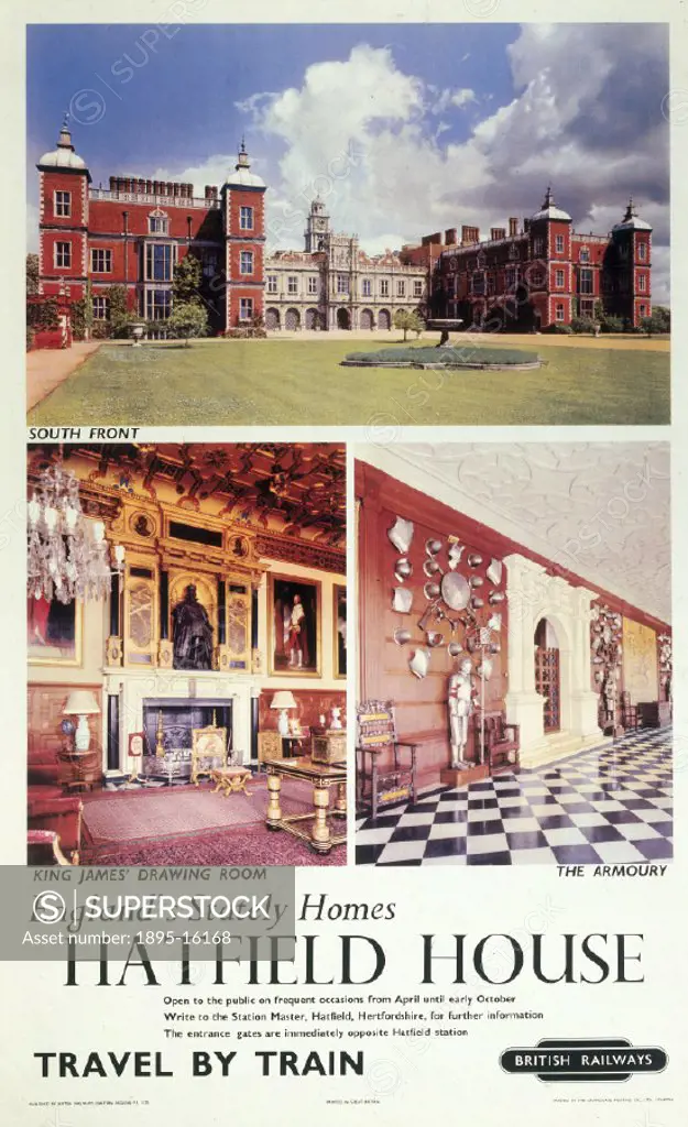 British Railways poster (Eastern Region). Various photographic views include the King James´ Drawing Room, and The Armoury.