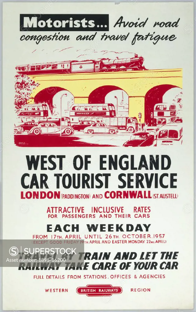 Poster produced for British Railways (Western Region), promoting train travel as a preferable alternative to driving by car to holiday destinations, w...