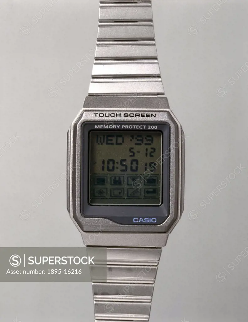 Digital watch with touch screen, back light, stopwatch and address book functions made by Casio Electronics Co Ltd.