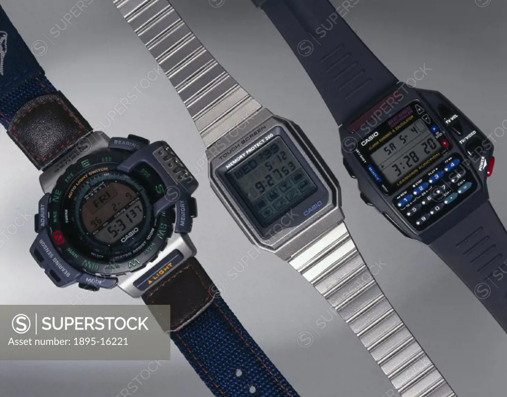 Three watches manufactured by Casio Electronic Company Ltd. On the left is the Model PRT-40E with altimeter, barometer and thermometer functions. In t...