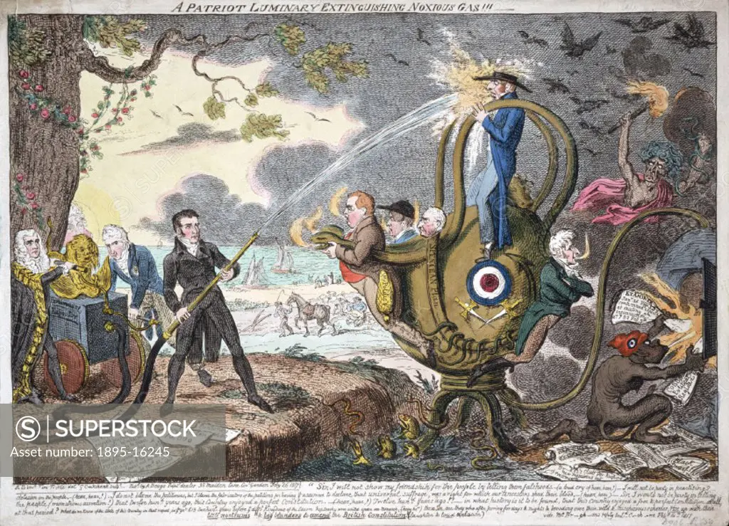 Coloured satirical etching by George Cruikshank (1792-1878). The politician, Baron Brougham, is shown directing a fire-hose onto gas flames issuing fr...