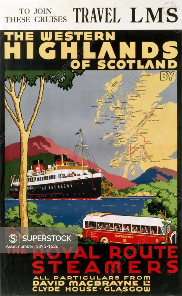 London Midland & Scottish Railway poster promoting MacBrayne´s Royal Route steamers. Artwork by Harry Hudson Rodmell.