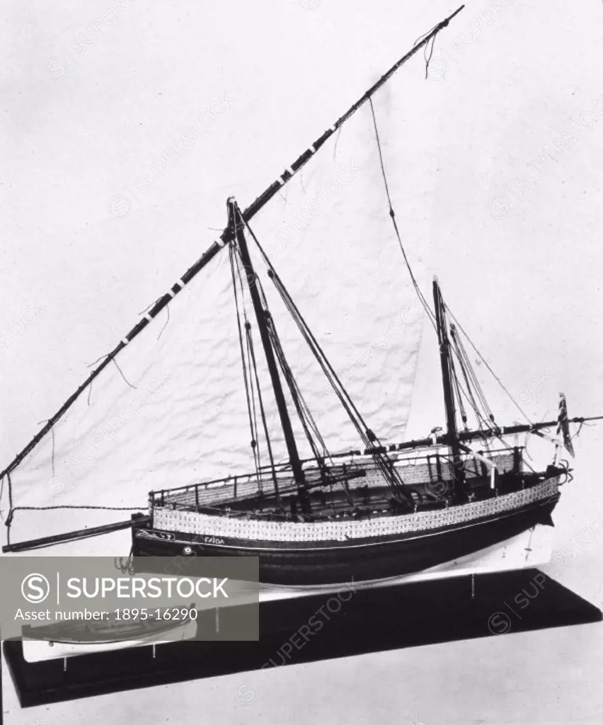Rigged model. Many of the small dhows employed in the East African coasting trade were built at Lamu, some 200 miles north of Mombasa, Kenya. This is ...