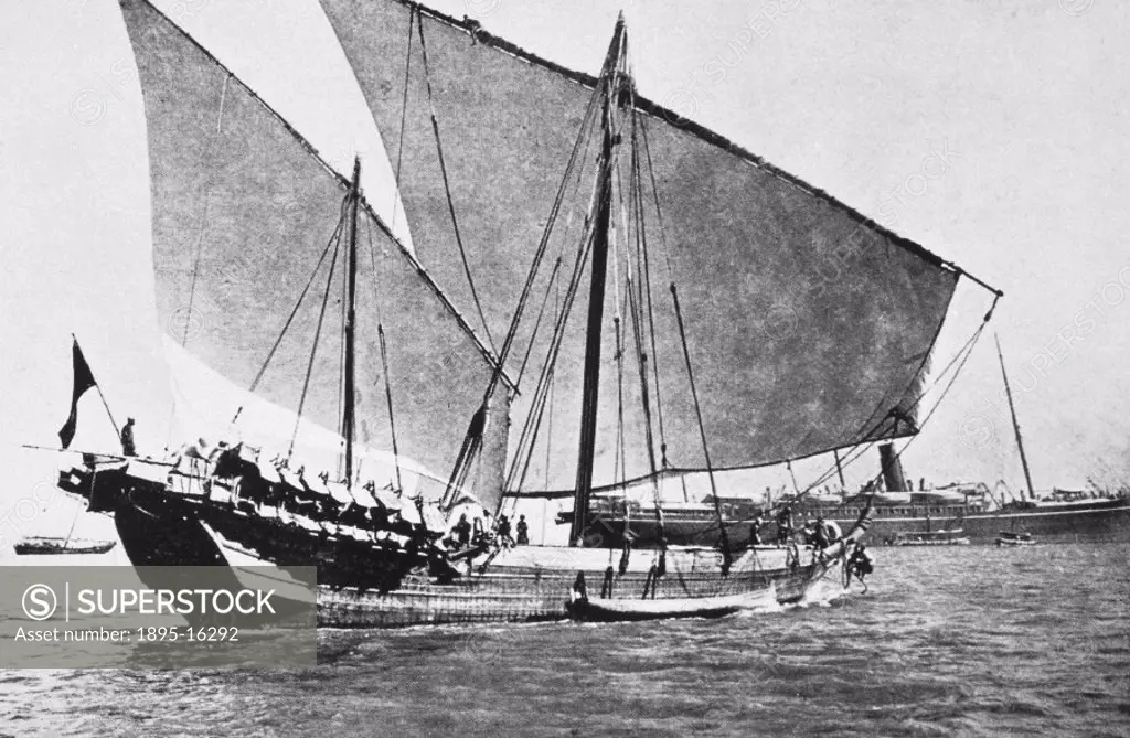 Photograph from ´Native Craft´ (1909), published by the Bombay Port Trust, showing a type of two-masted trading vessel used in the Indian Ocean. Baghl...