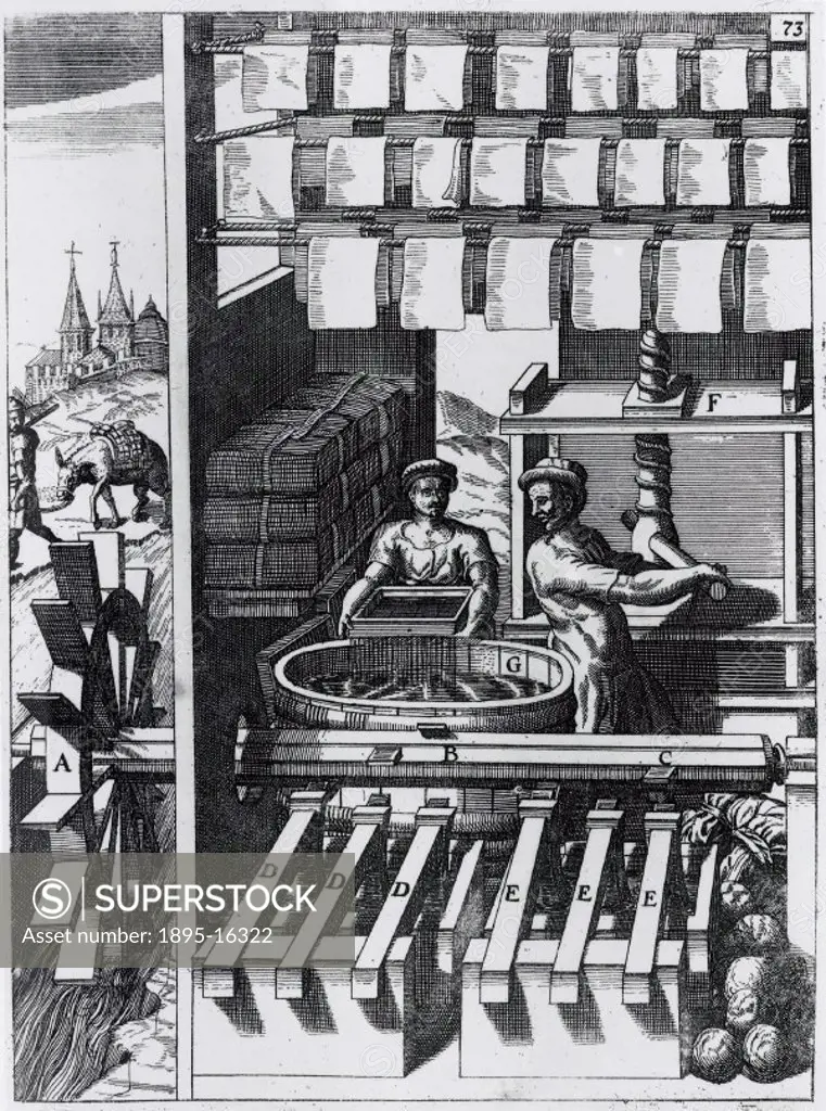 Engraved plate from Georg Andreas Bockler´s ´Theatrum Machinarum Novum´, a work on mechanical engineering. Two men can be seen working in a paper mill...