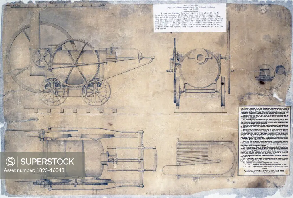 Drawing (scale 1:12), believed to be by Richard Trevithick (1771-1833), of his steam locomotive designed for use on the Wylam Wagon way. Trevithick wa...