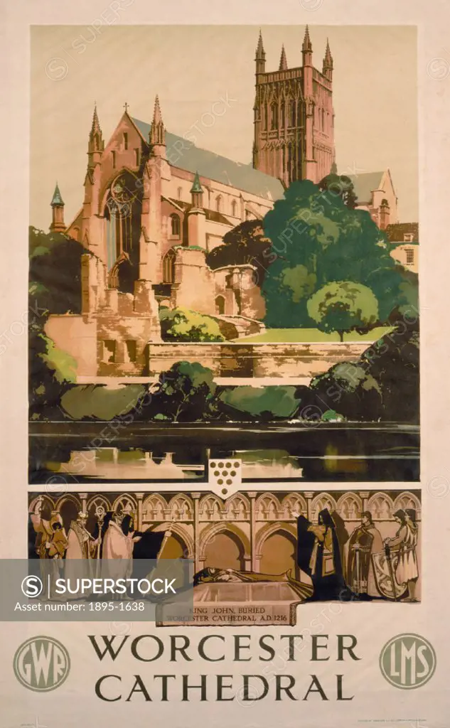Poster produced by Great Western Railway (GWR) and London, Midland & Scottish Railway (LMS) to promote rail travel to Worcester, Worcestershire. The p...