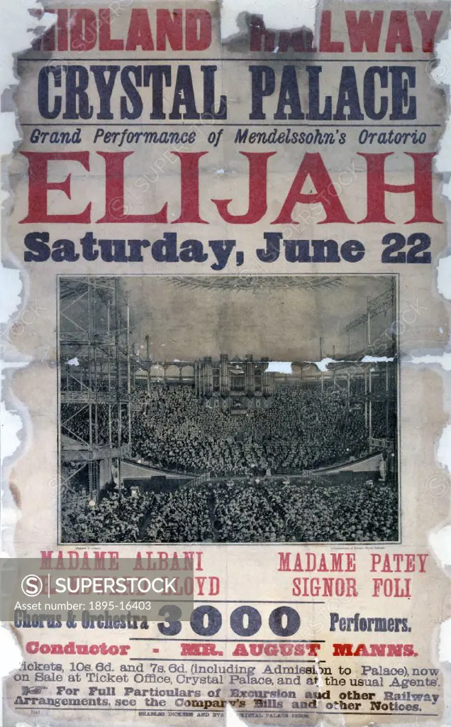 Midland Railway poster advertising the grand performance’ of the oratorio Elijah’ composed by Felix Mendelssohn (1809-1847) held at the Crystal Pala...