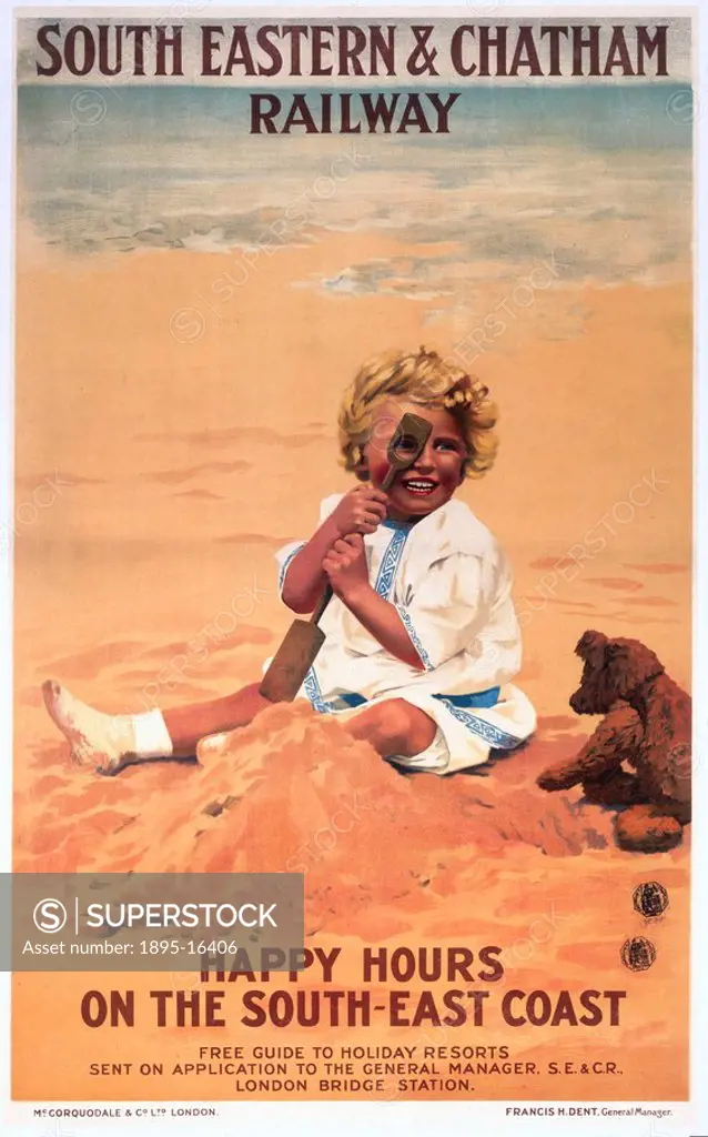 ´Happy Hours on the South East Coast´, poster, c 1915. Poster produced for the South Eastern & Chatham Railway, depicting a child playing on the beach...