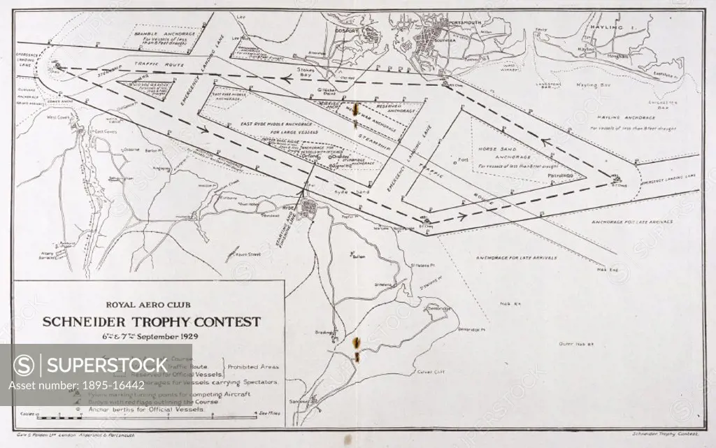 Centre page spread from the 1929 Schneider Trophy contest programme, showing the route to be followed by the competing aircraft off the Hampshire coas...