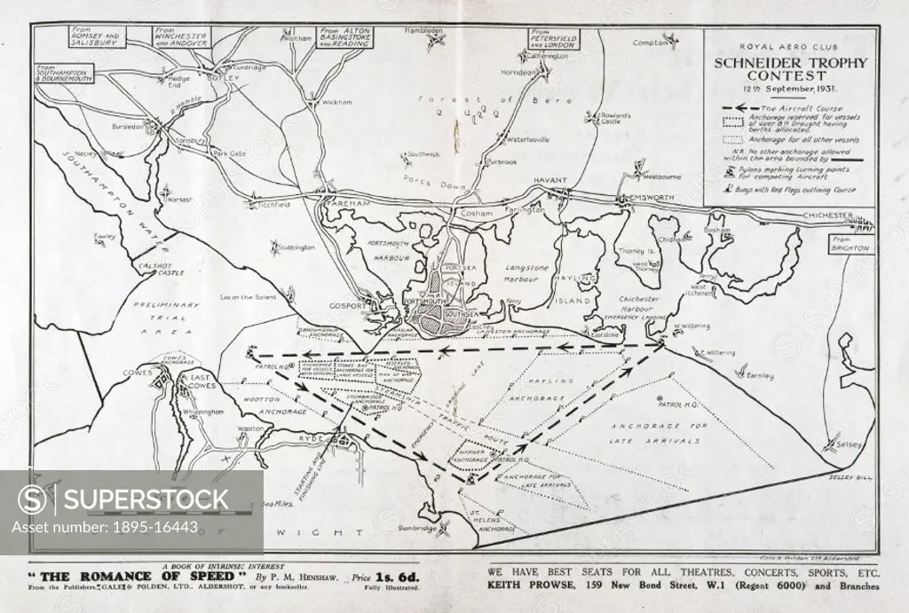Centre spread from the 1931 Schneider Trophy programme, showing the route to be followed by the competing aircraft off the Hampshire coast. The Schnei...