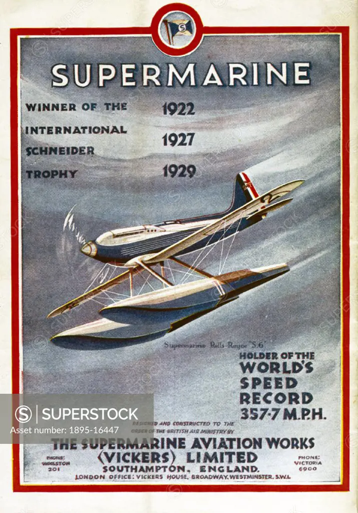 Advertisement for the Supermarine Aviation Works, which manufactured the seaplanes which won the Schneider Trophy on four occasions, in 1922, 1927, 19...