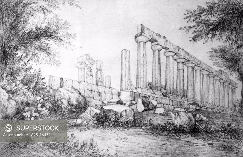 Pencil drawing made by Sir John Herschel (1792-1871) in 1824 at the ´Temple of Juno´ at Girgenti in Sicily. The son of William Herschel, the famous as...