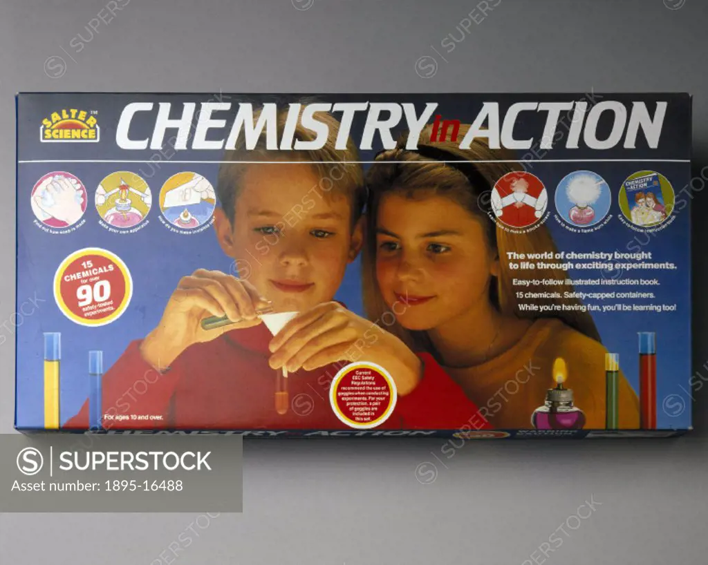 Chemistry set containing 15 chemicals for over 90 experiments. Distributed by Peter Pan Playthings Ltd, Peterborough, England.