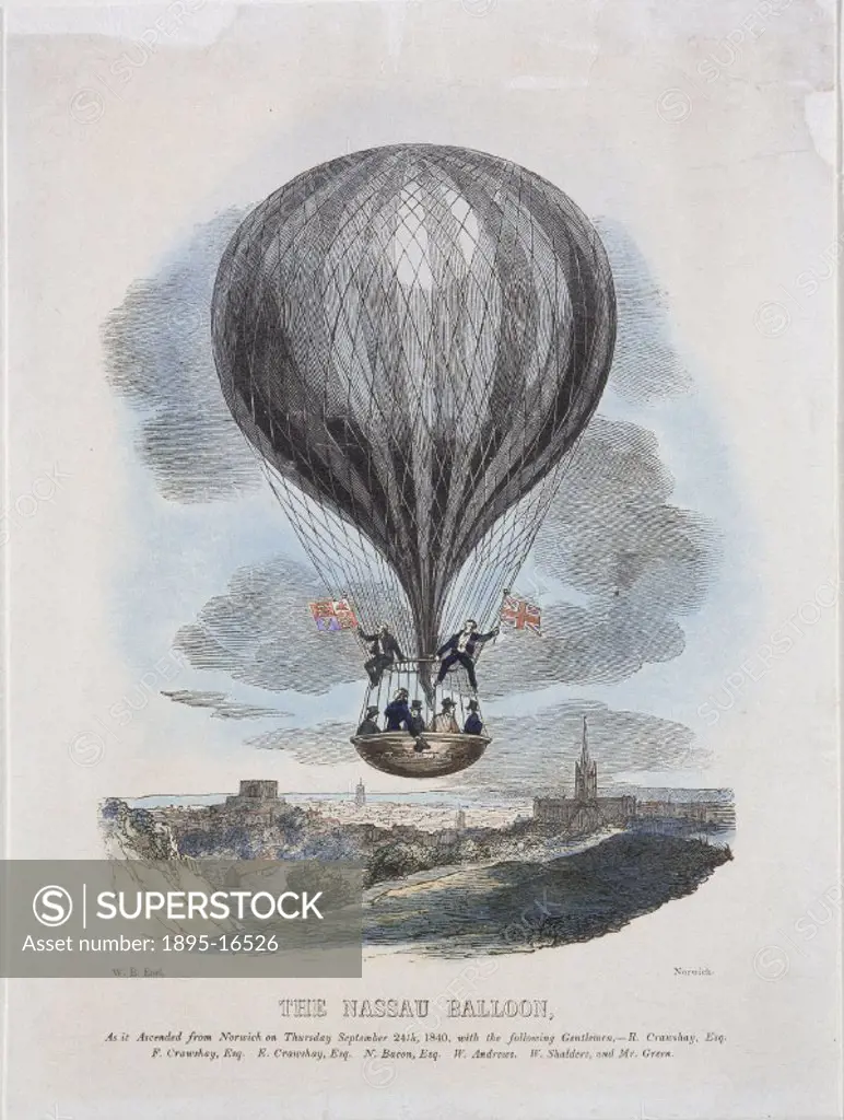 Coloured print by W E Earl showing the Nassau balloon, carrying the English aeronaut Charles Green (1785-1870) and six other passengers, ascending fro...