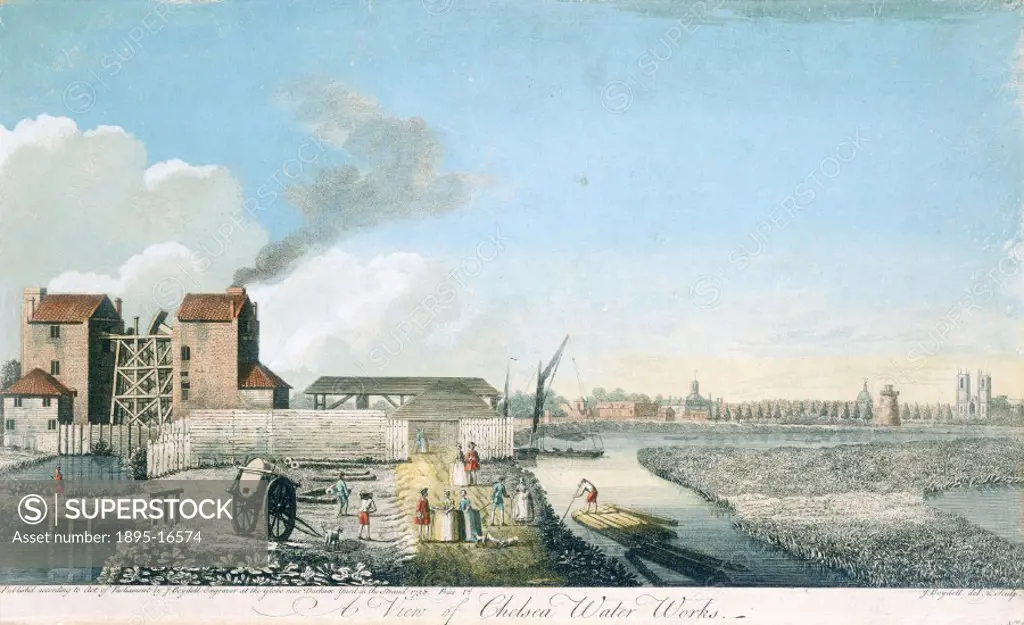 Engraving by and after J Boydell. Water works to supply water to the urban population of west London were established on the banks of the River Thames...
