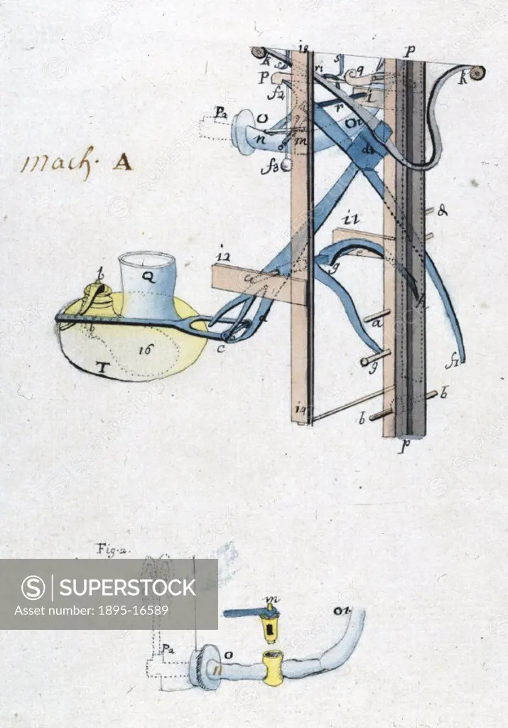 One of a series of French technical drawings of a Newcomen atmospheric engine erected at the York Buildings Waterworks on the Thames, London. Thomas N...
