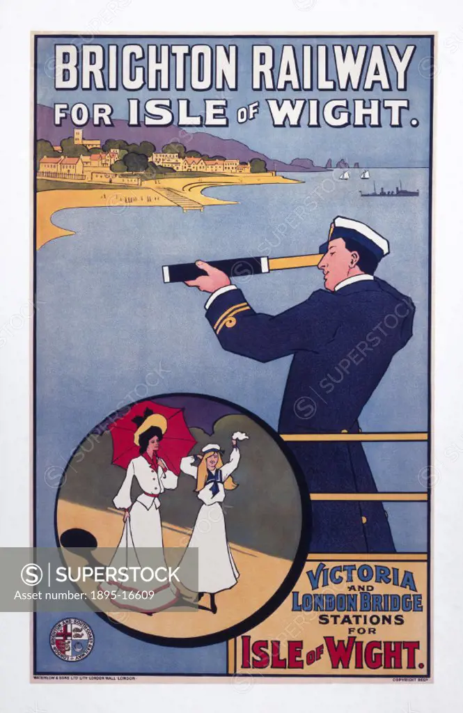 London, Brighton & South Coast Railway poster depicting a sailor with a telescope and a vignette of two fashionable ladies. Printed by Waterlow and So...