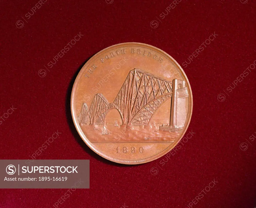 Bronze medal by L C Lauer. Obverse view showing the bridge. When it was opened in 1890, this cantilever bridge over the Forth estuary in Scotland was ...