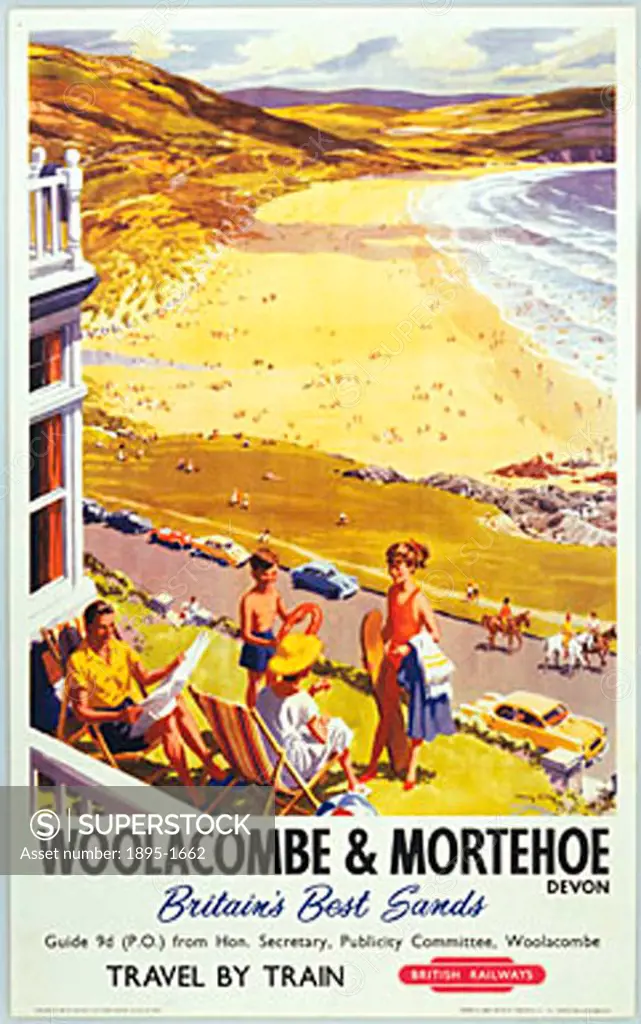 British Rail poster depicting a sunny view of a beach from a hotel balcony. A family gather in the foreground. Artwork by Harry Riley.